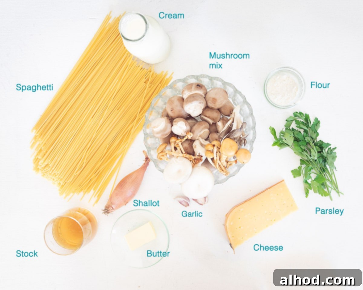 Luscious Creamy Garlic Mushroom Pasta 3 Ingredients Creamy Garlic Mushroom Pasta, individually labelled on a white background