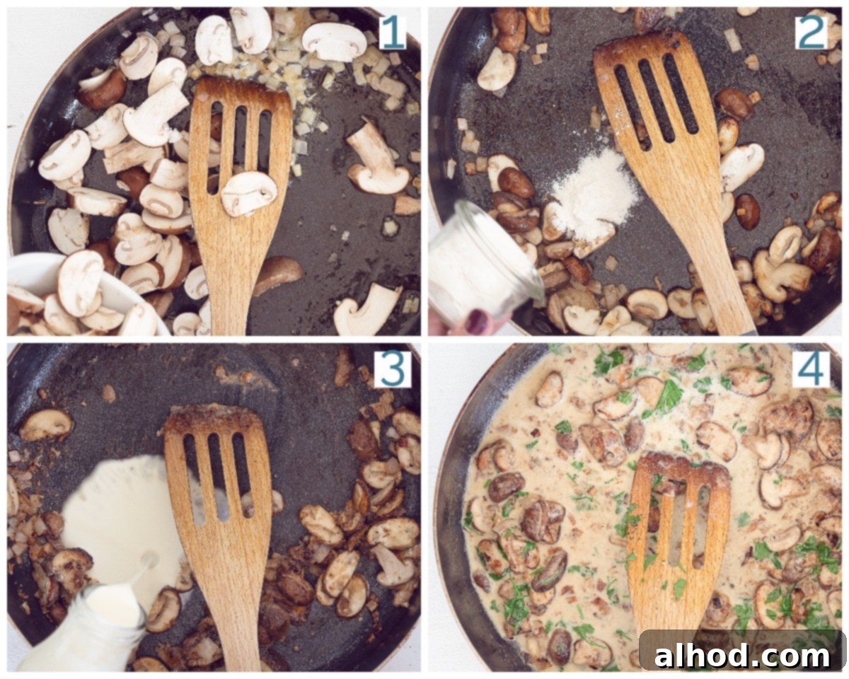 Luscious Creamy Garlic Mushroom Pasta 4 4 collage photo preparation creamy garlic mushroom pasta
