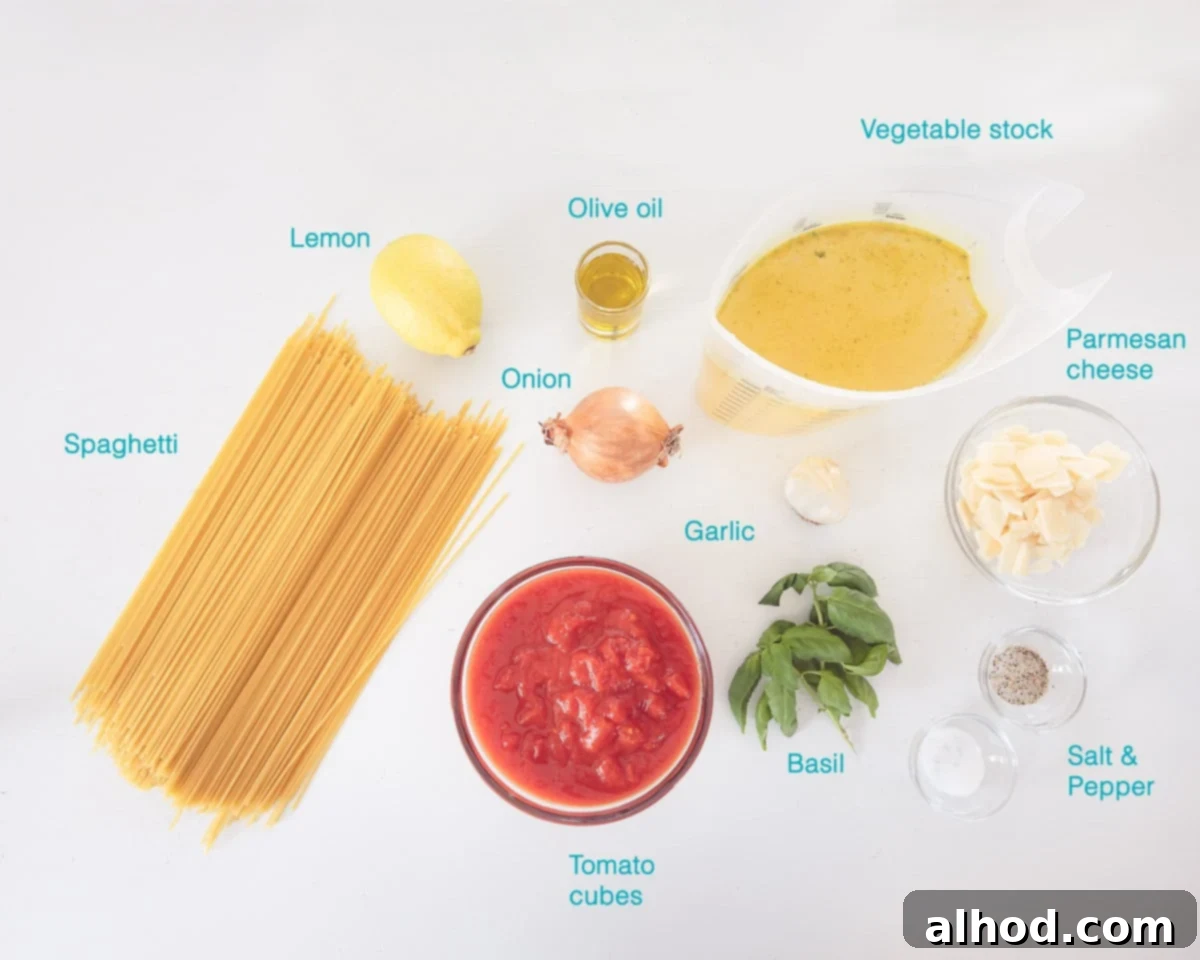 One Pan Veggie Pasta 3 Ingredients One Pot Vegetable Pasta, individually labelled on a white background