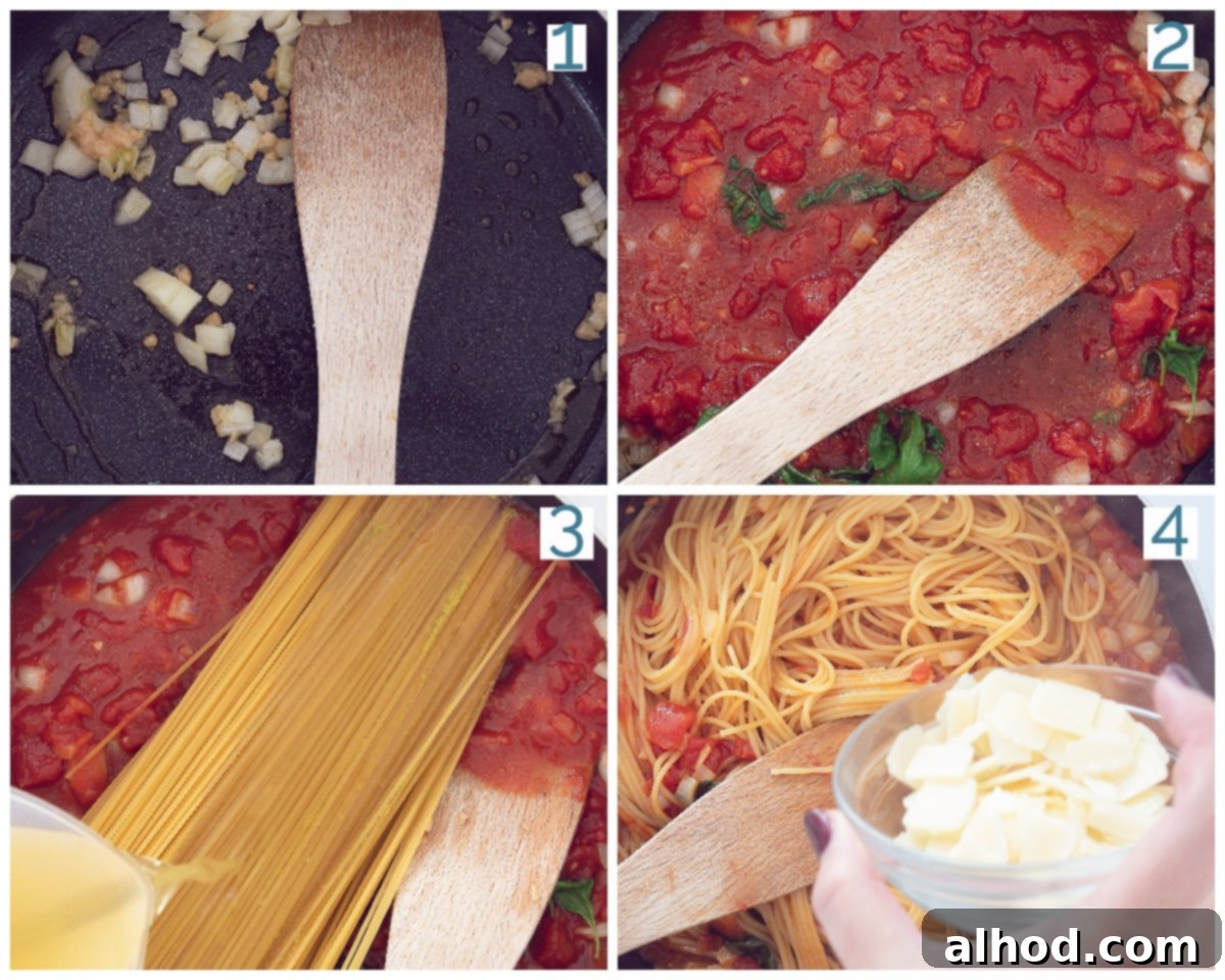 One Pan Veggie Pasta 4 4 collage photo preparation Casserole pasta with tomato and basil