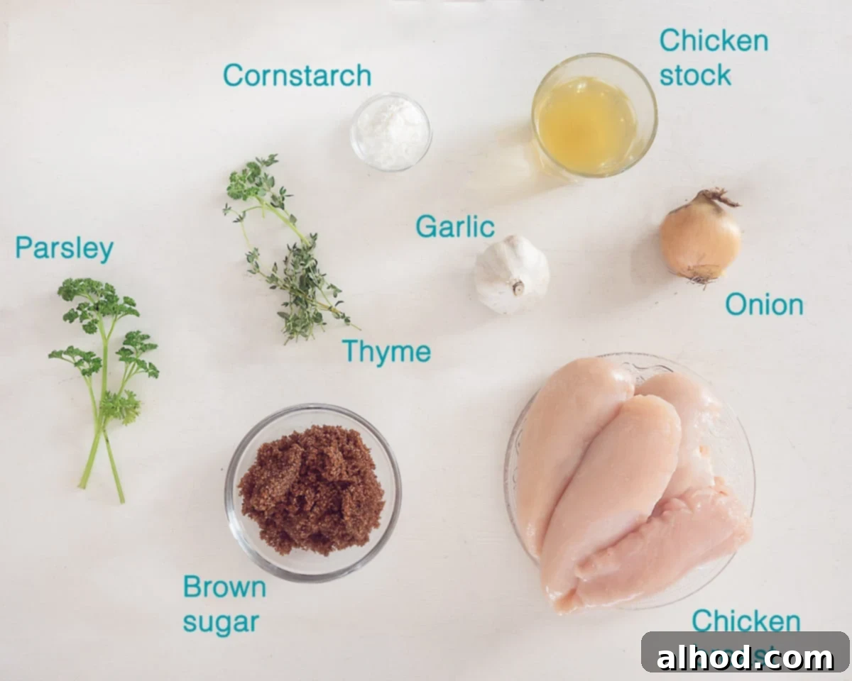Sticky Slow Cooker Brown Sugar Garlic Chicken 3 Ingredients Slow Cooker Brown Sugar Garlic Chicken, individually labelled on a white background