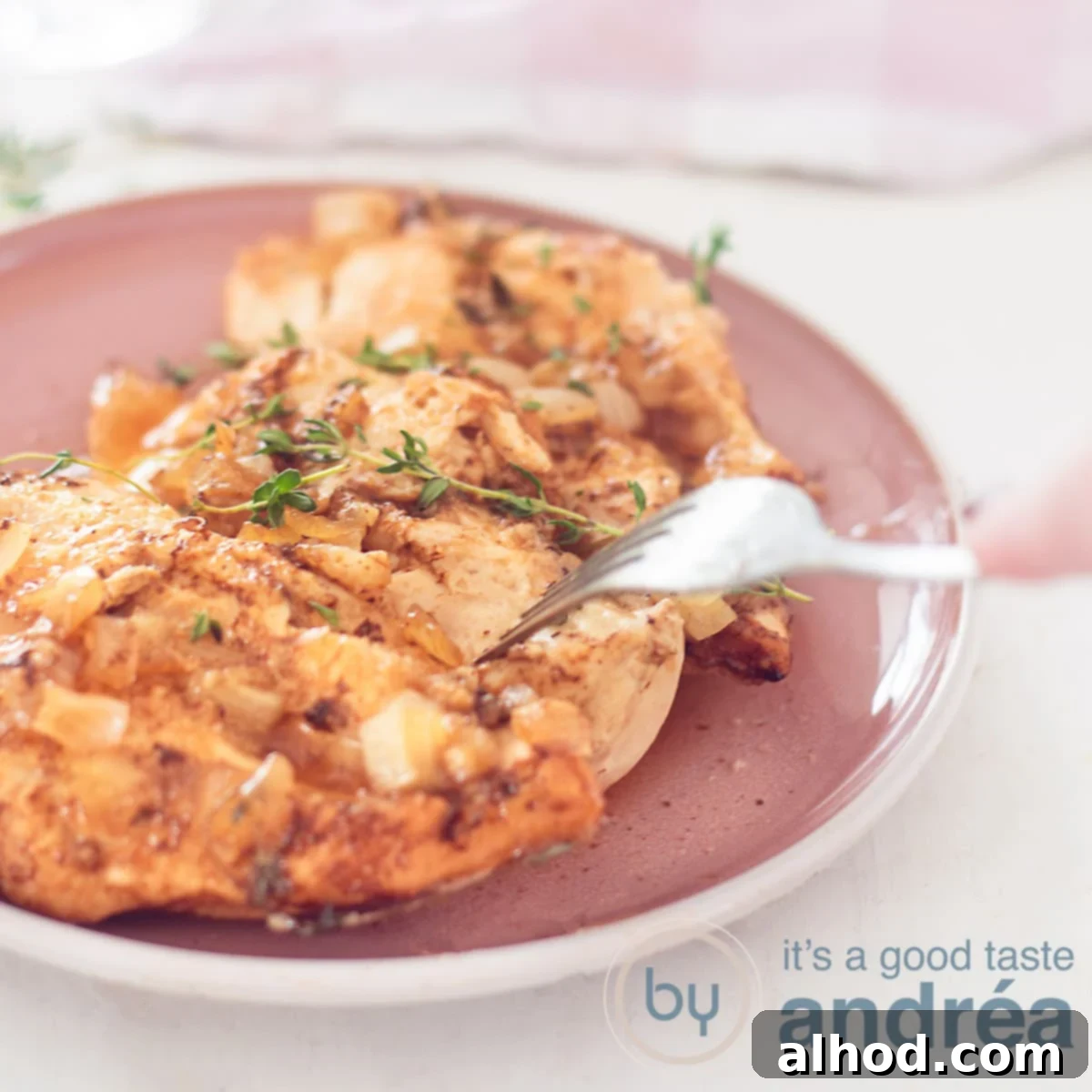 Sticky Slow Cooker Brown Sugar Garlic Chicken 6 A square photo with a pink plate on the left showing a chicken breast smothered in a garlic brown sugar sauce. A fork pierces the meat. A white background