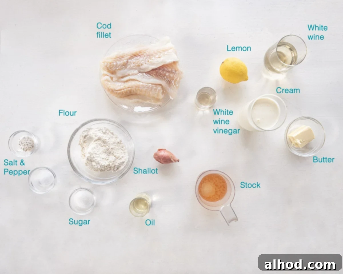 Cod Vin Blanc 3 Ingredients for Cod with White Wine Sauce, clearly labeled on a clean white background.