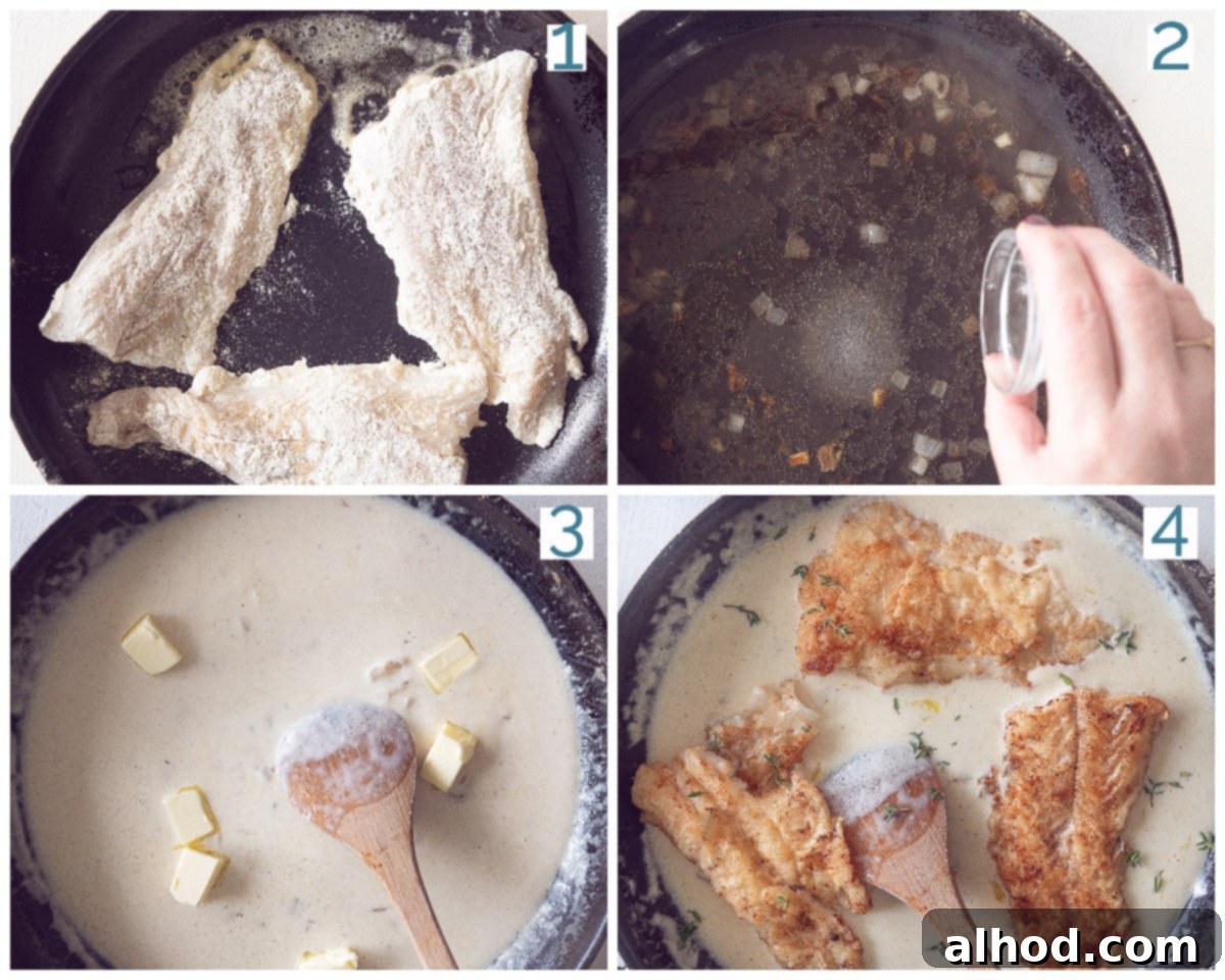 Cod Vin Blanc 4 A four-photo collage illustrating the step-by-step preparation of cod with white wine sauce.