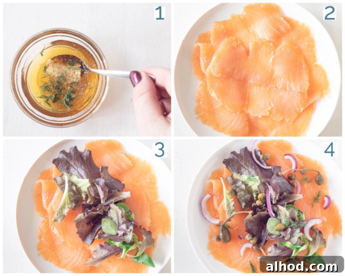 Silken Smoked Salmon Carpaccio 4 4 collage photo preparation Salmon carpaccio with honey mustard dressing