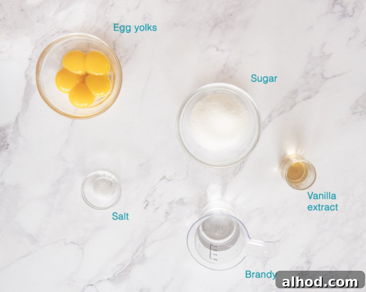 Advocaat Holland's Velvety Egg Liqueur 3 Ingredients Advocaat (Dutch Eggnog), individually labelled on a white marbled background
