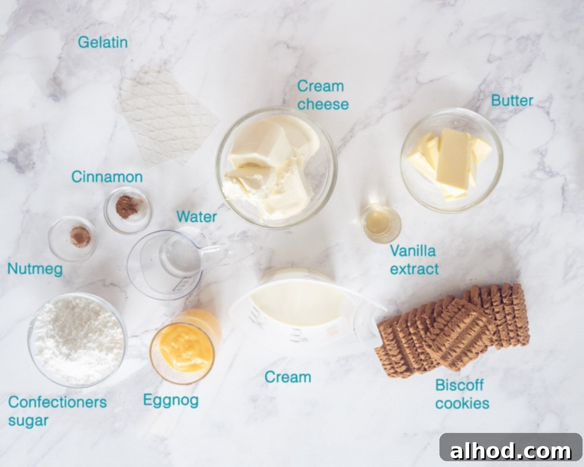Ingredients for No-Bake Eggnog Cheesecake, individually labeled on a white background.