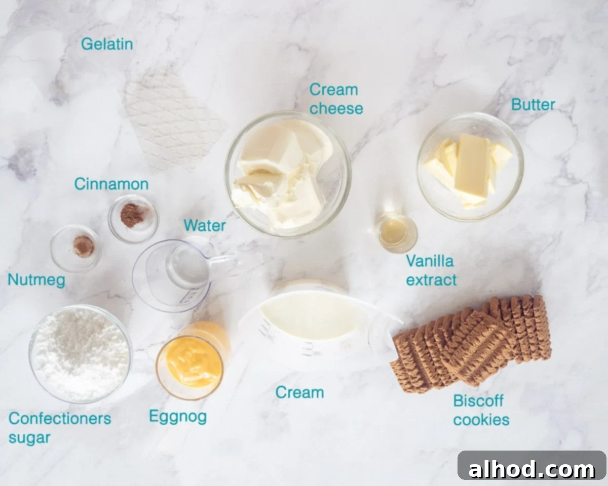 Effortless Holiday Eggnog Cheesecake 3 Ingredients No Bake Eggnog Cheesecake, individually labelled on a white background