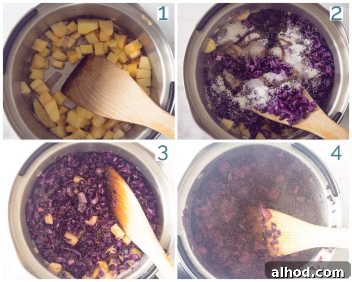 Ruby Red Balsamic Apple Braise 4 4 collage photo preparation Braised Red Cabbage with Apples and Balsamic