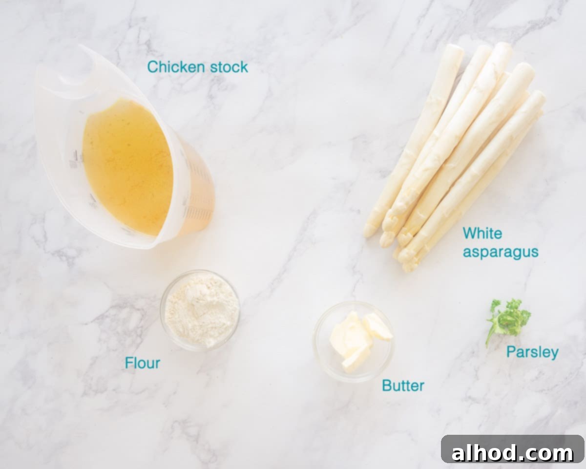 Velvety Asparagus Bliss 3 Five essential ingredients for Spargelsuppe (Creamy Asparagus Soup) individually labelled and neatly arranged on a pristine white marbled background, emphasizing simplicity and freshness.