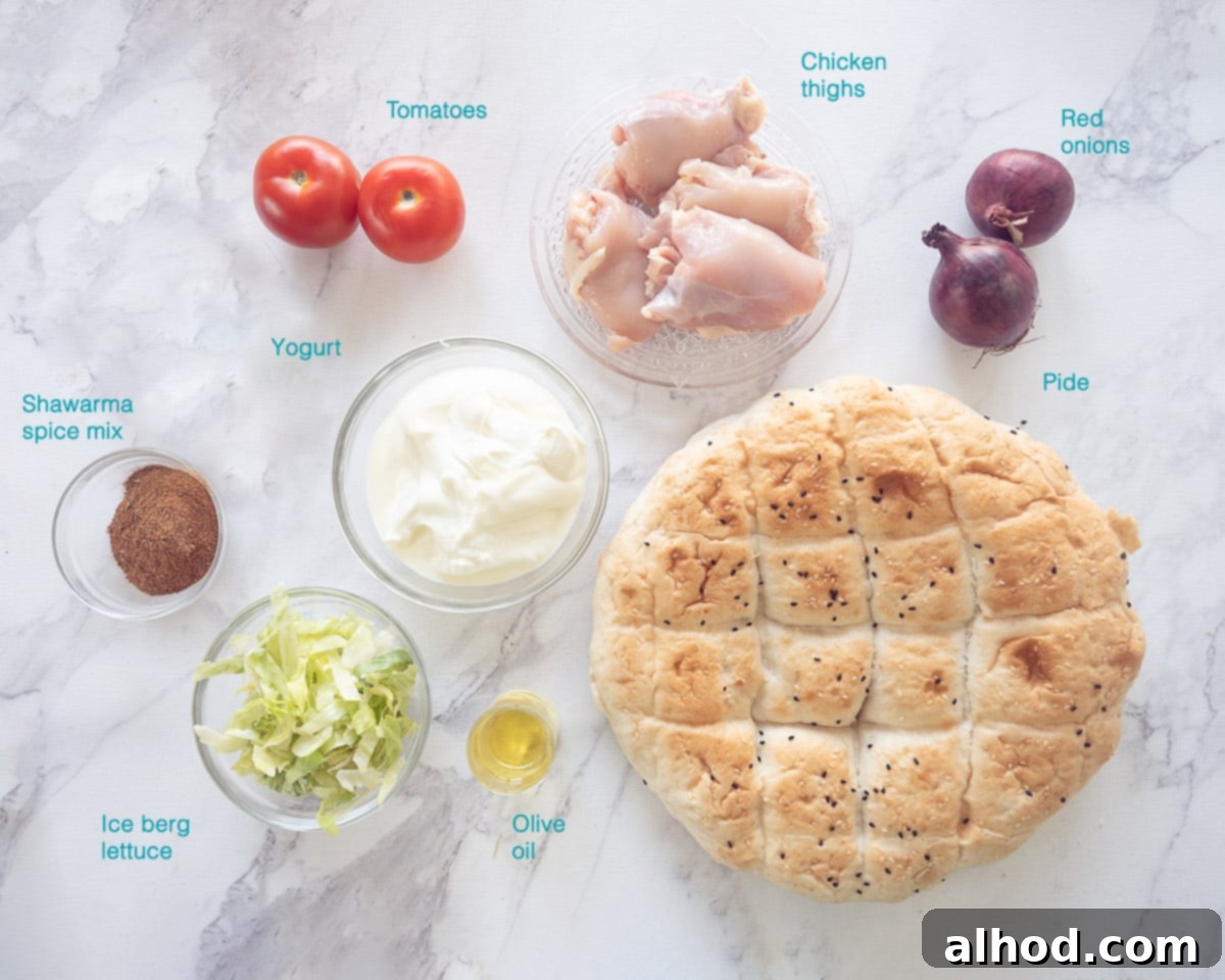 Perfect Homemade Chicken Doner Kebab 3 ingredients Homemade Chicken Doner Kebab, individually labelled on a white marble background