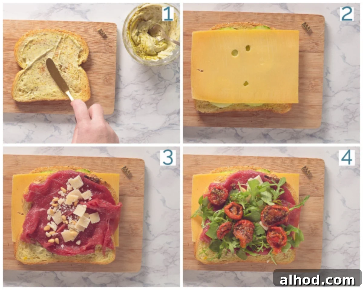 Gourmet Carpaccio Sandwich 4 4 collage photo preparation sandwich with beef carpaccio
