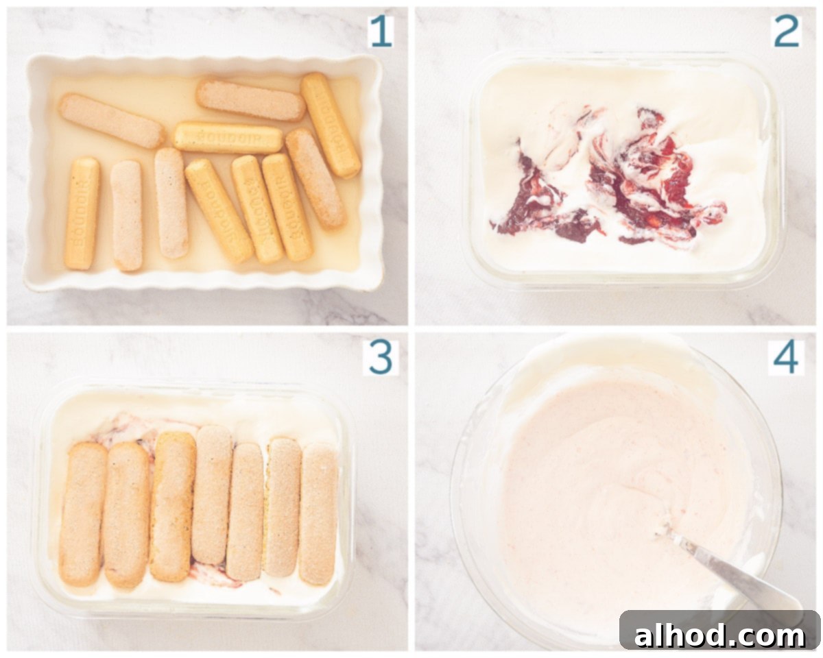 4 collage photo preparation Strawberry tiramisu without alcohol