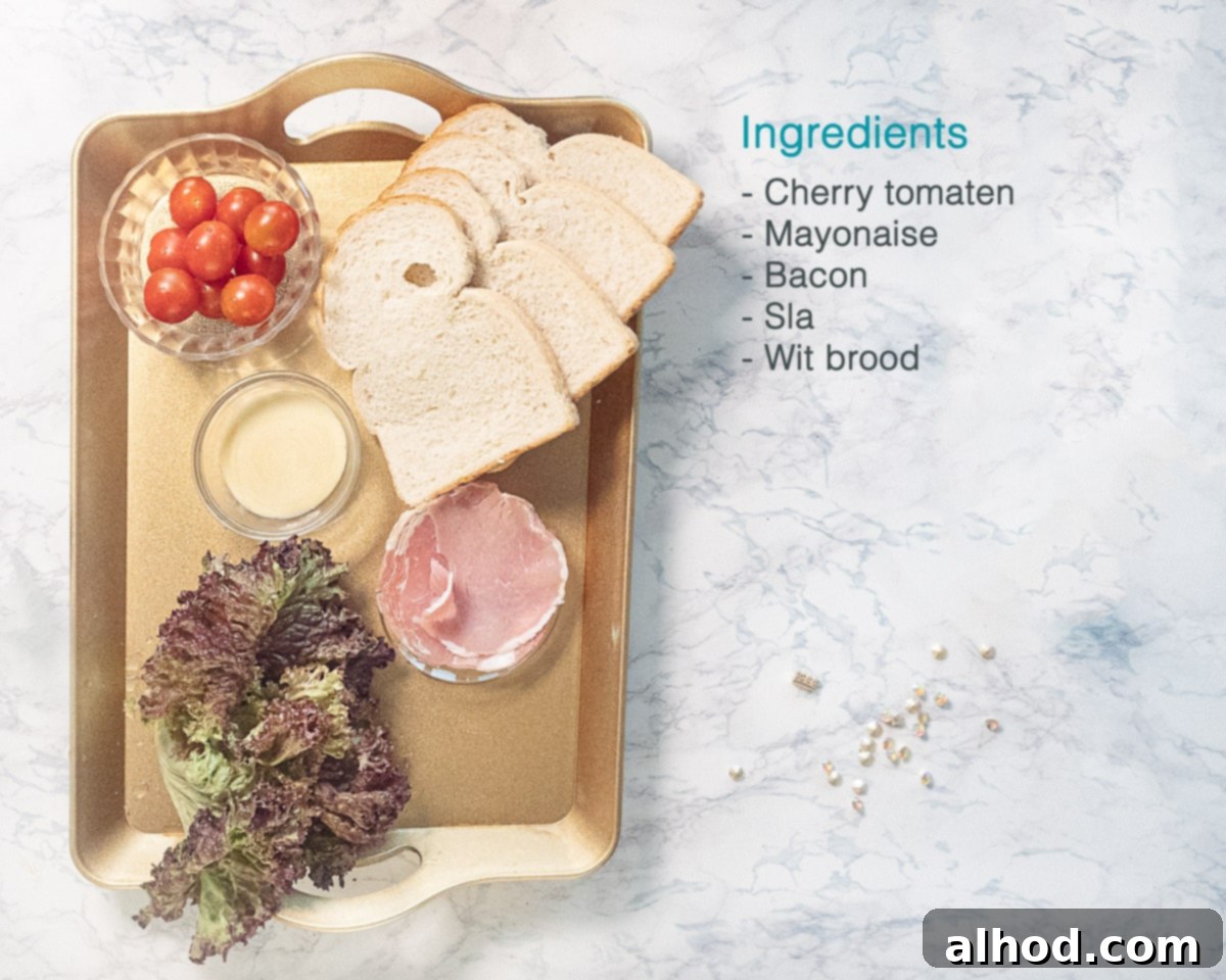 BLT Club Bites 3 Ingredients BLT Mini Club Sandwich on a golden tray on the left. On the right, a text description of the ingredients.