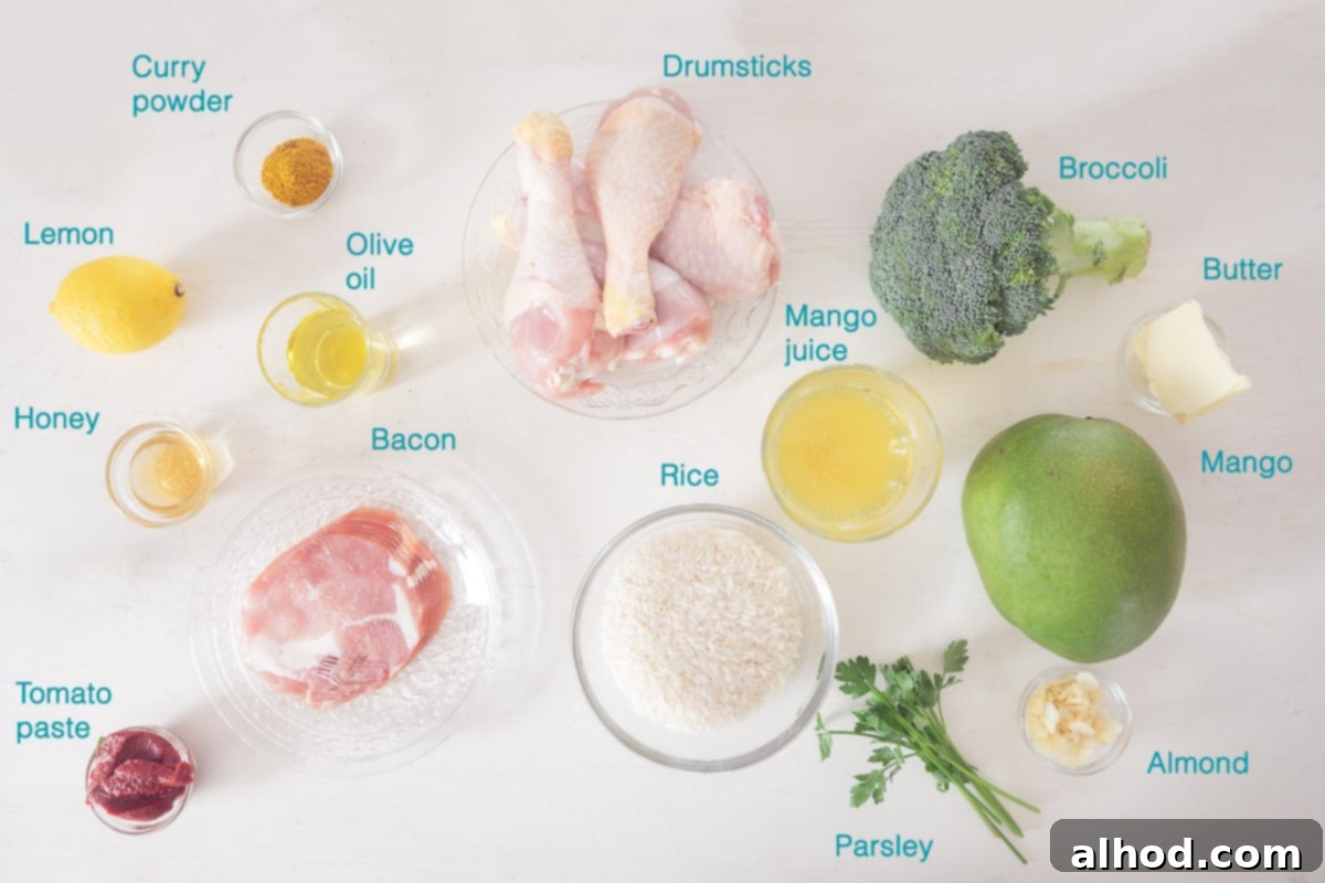 Mango-Glazed Chicken Drumsticks with Bacon 3 Ingredients Mango Chicken Drumsticks with Bacon, individually labelled on a white background