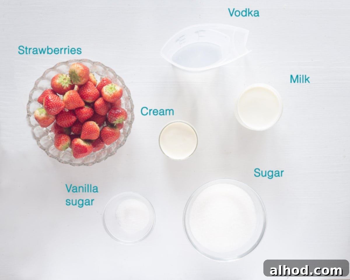 Velvet Strawberry Liqueur 3 Ingredients Strawberry Cream liqueur, individually labelled on a white background