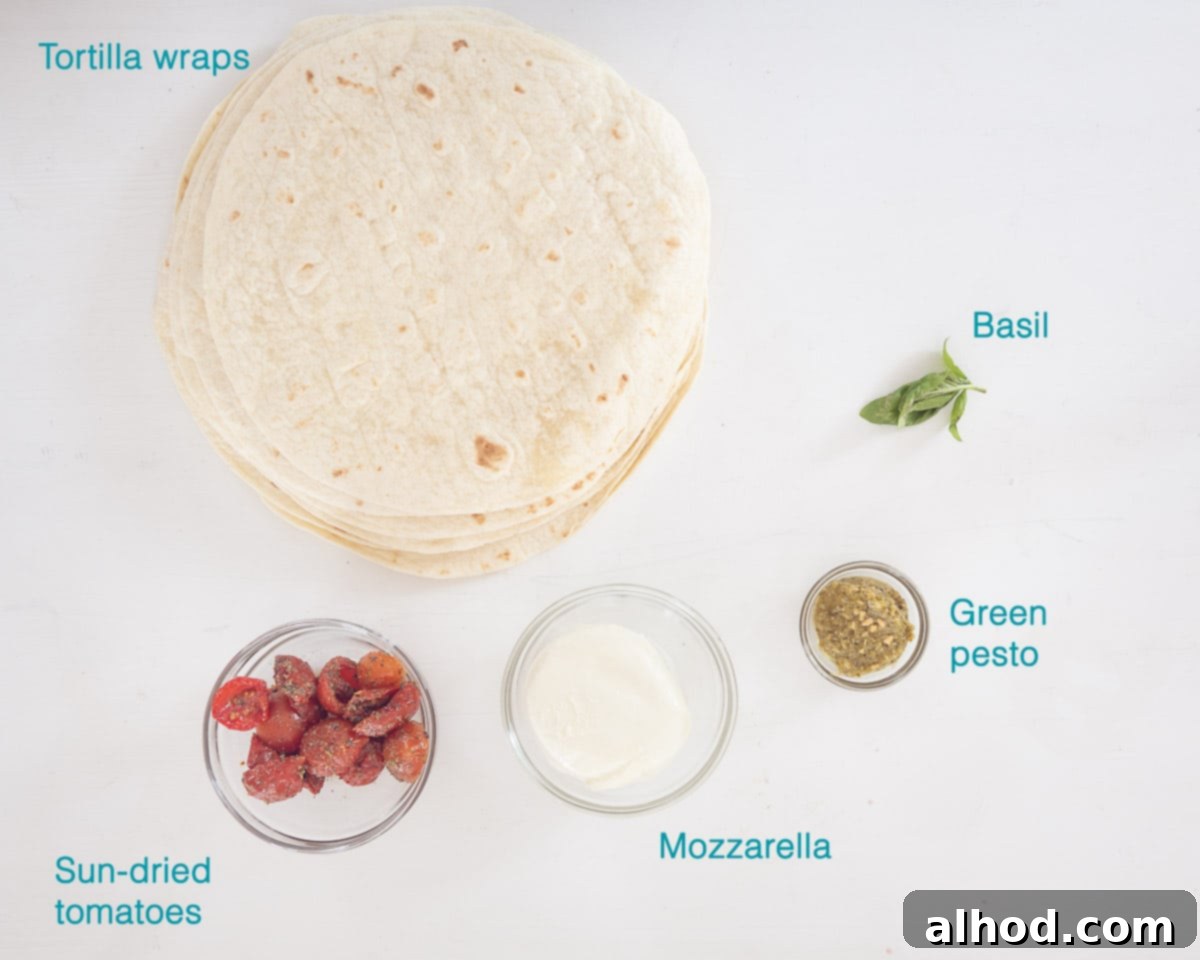 Caprese Swirls 3 Ingredients Caprese Pinwheels, individually labeled on a white background