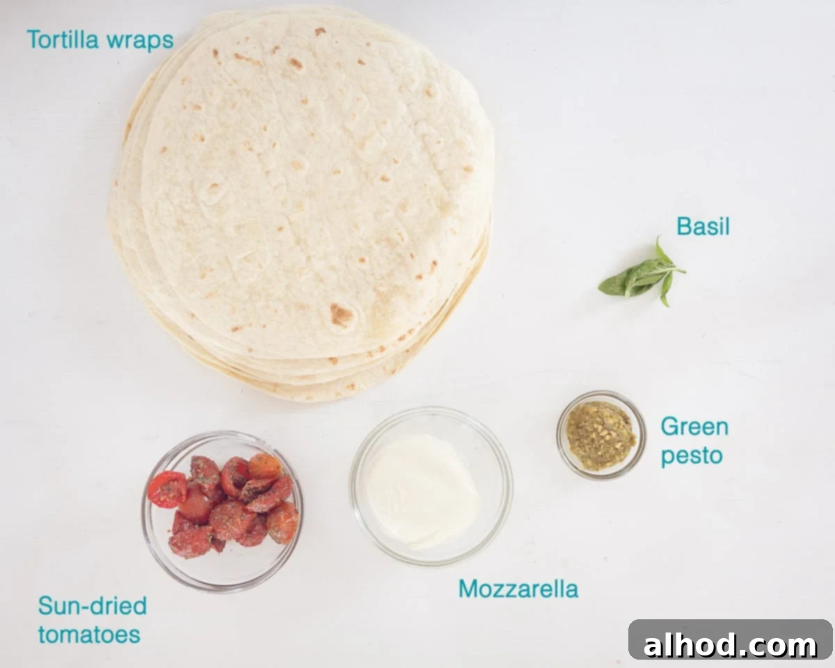 Caprese Swirls 3 Ingredients Caprese Pinwheels, individually labeled on a white background