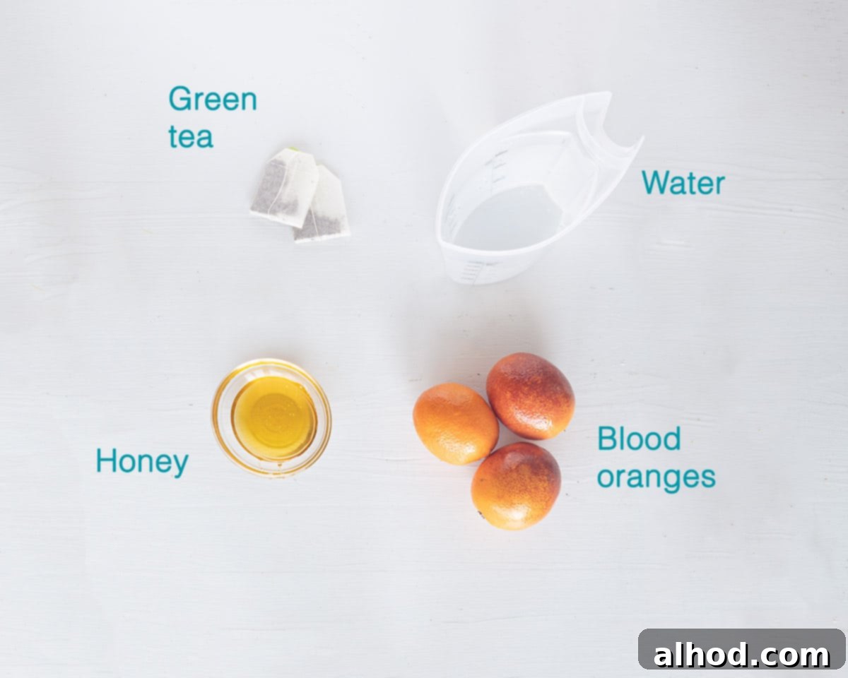 Crimson Citrus Chill 3 Ingredients Blood Orange Iced Tea, individually labelled on a white background