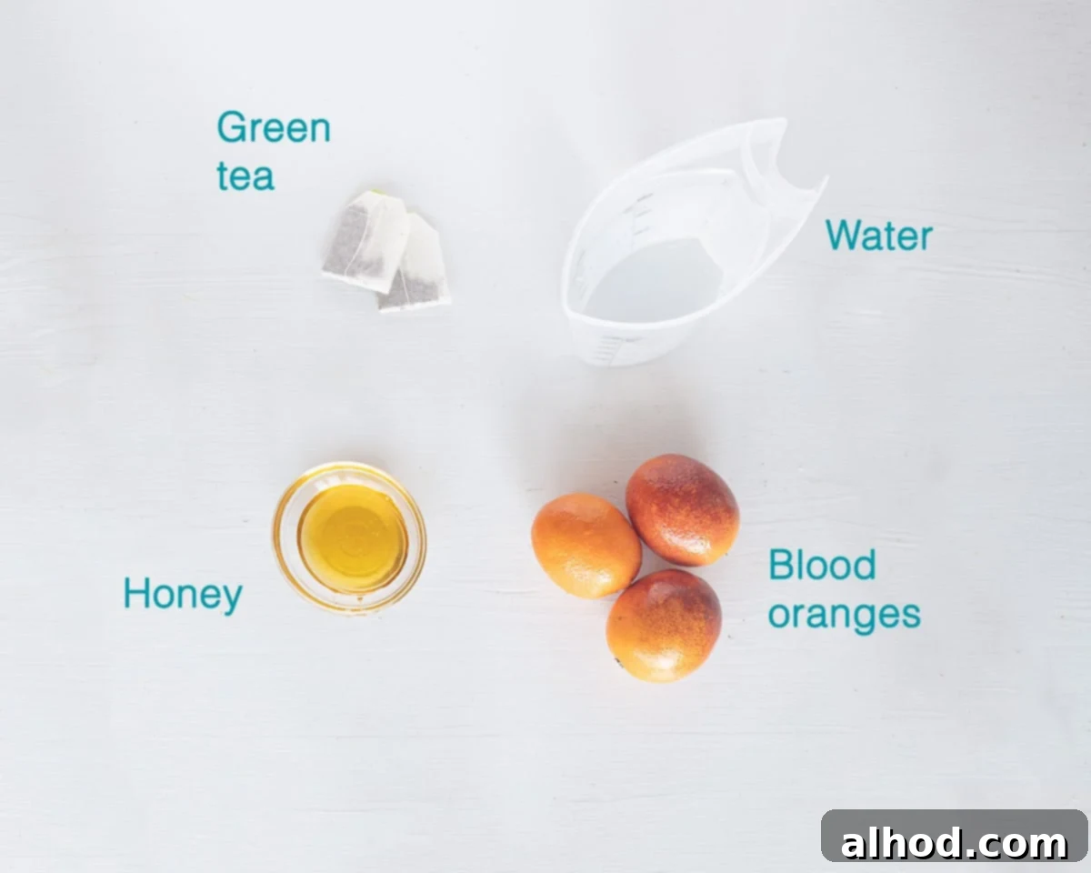 Zesty Blood Orange Iced Tea 3 Ingredients Blood Orange Iced Tea, individually labelled on a white background