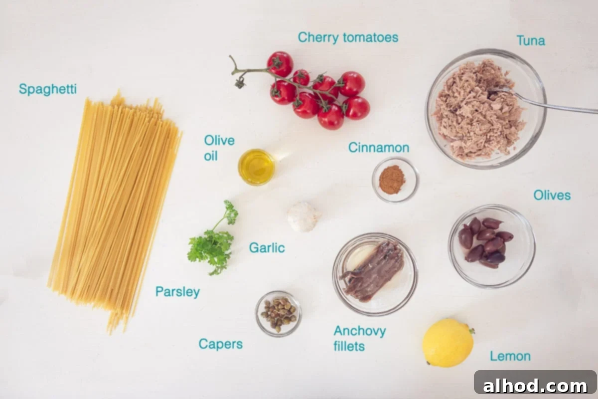 Effortless Spaghetti Puttanesca 3 Ingredients Easy Spaghetti Puttanesca, individually labelled on a white background