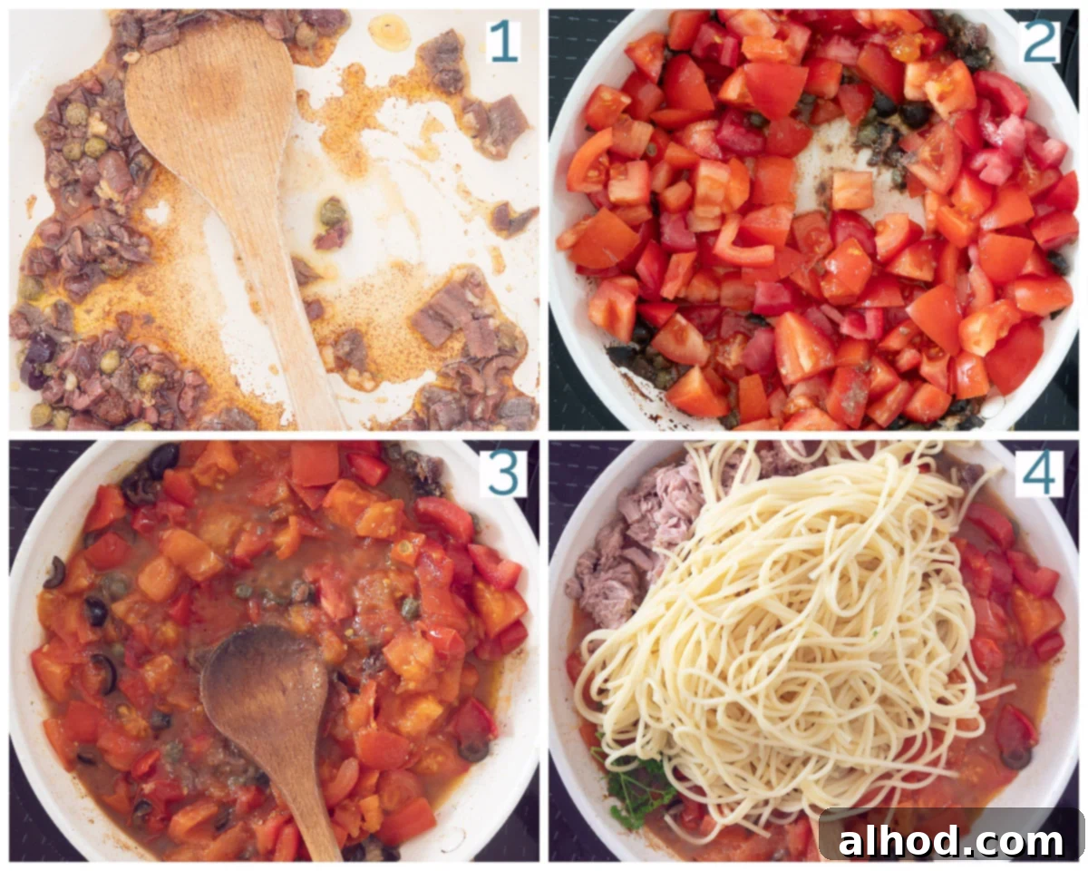 Effortless Spaghetti Puttanesca 4 4 collage photo preparation Easy Spaghetti Puttanesca