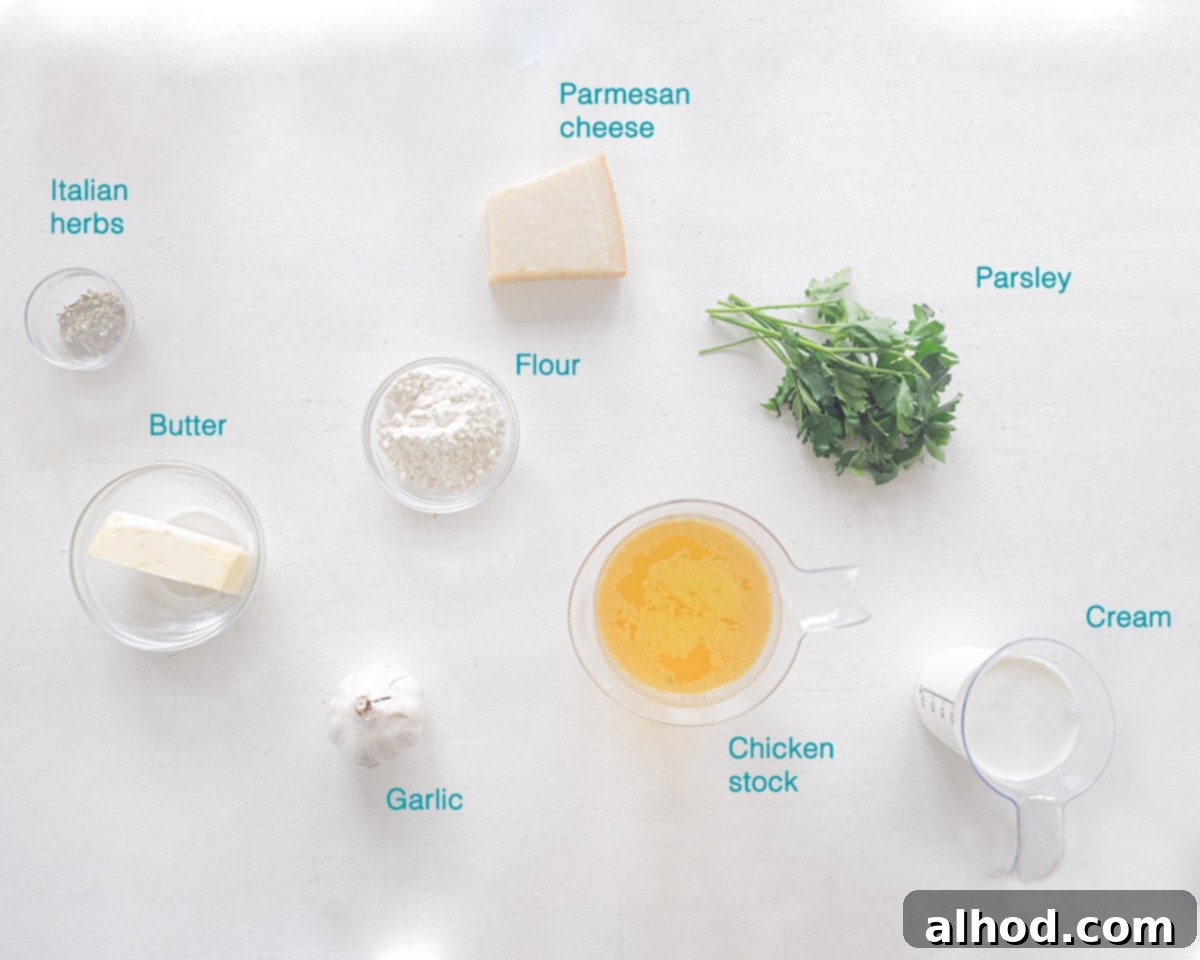 The Ultimate Garlic Parmesan Sauce 3 Ingredients Garlic Parmesan Sauce, individually labelled on a white background