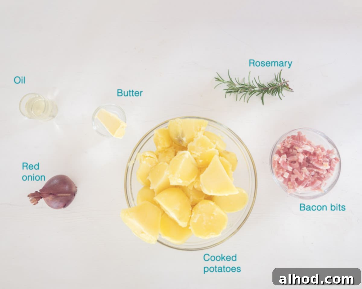 Classic German Fried Potatoes 3 Ingredients German Fried Potatoes, individually labelled on a white background