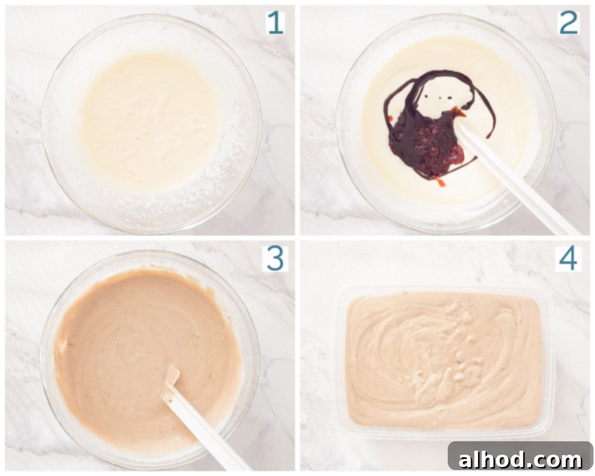 Chocolate Strawberry Froyo Treat 4 A 4-panel collage photo showing the preparation steps for Chocolate Frozen Yogurt with Strawberries: whipping cream, folding ingredients, mixing jam and sauce, and pouring into a freezer box.