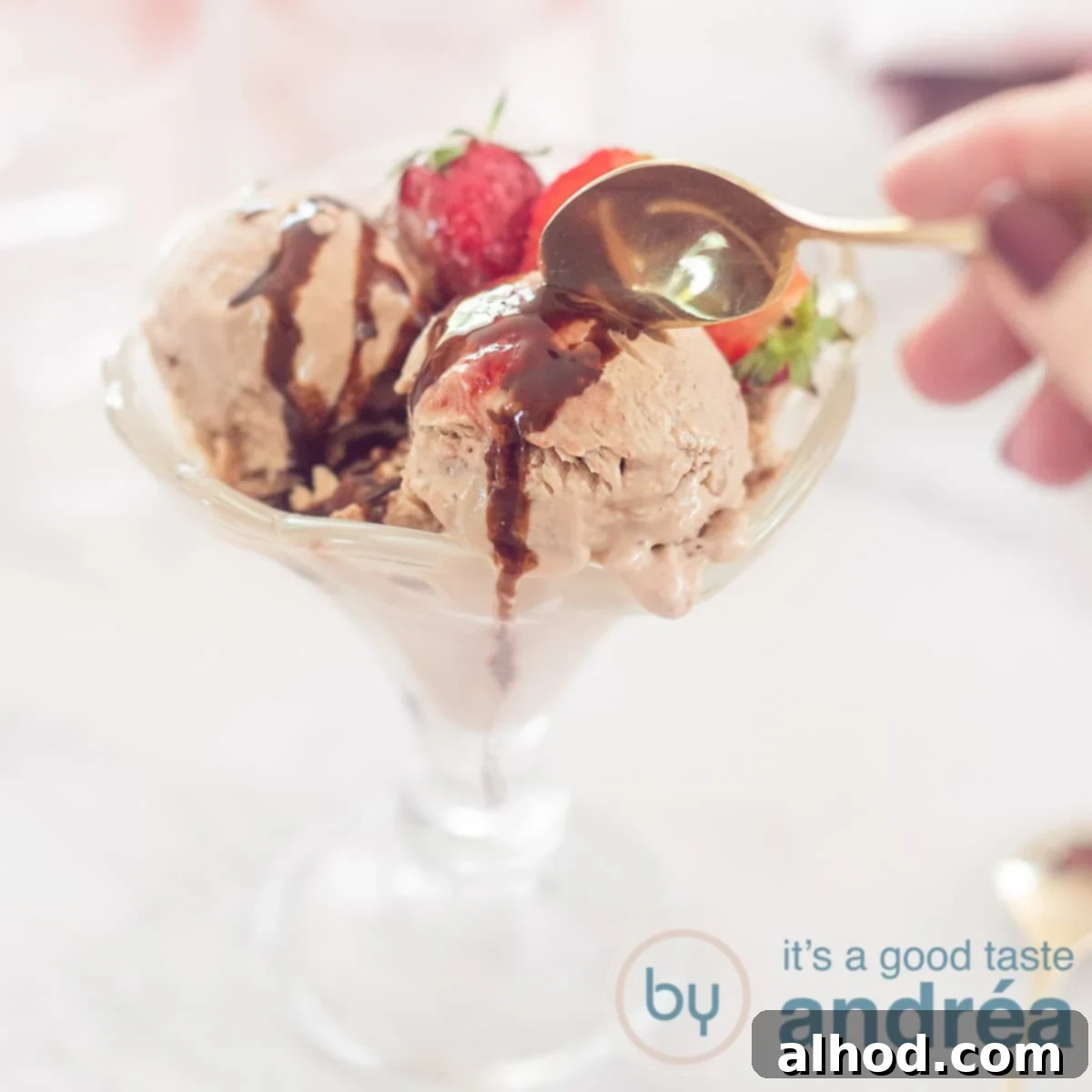 Chocolate Strawberry Froyo Treat 6 A square photo with a coupe with three scoops of chocolate yogurt ice cream, strawberries and chocolate sauce. A golden spoon takes a bite.