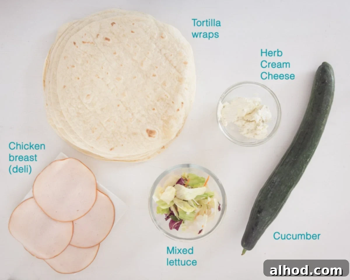 Creamy Chicken Tortilla Roll-Ups 3 Ingredients Chicken Tortilla Pinwheels, individually labelled on a white background