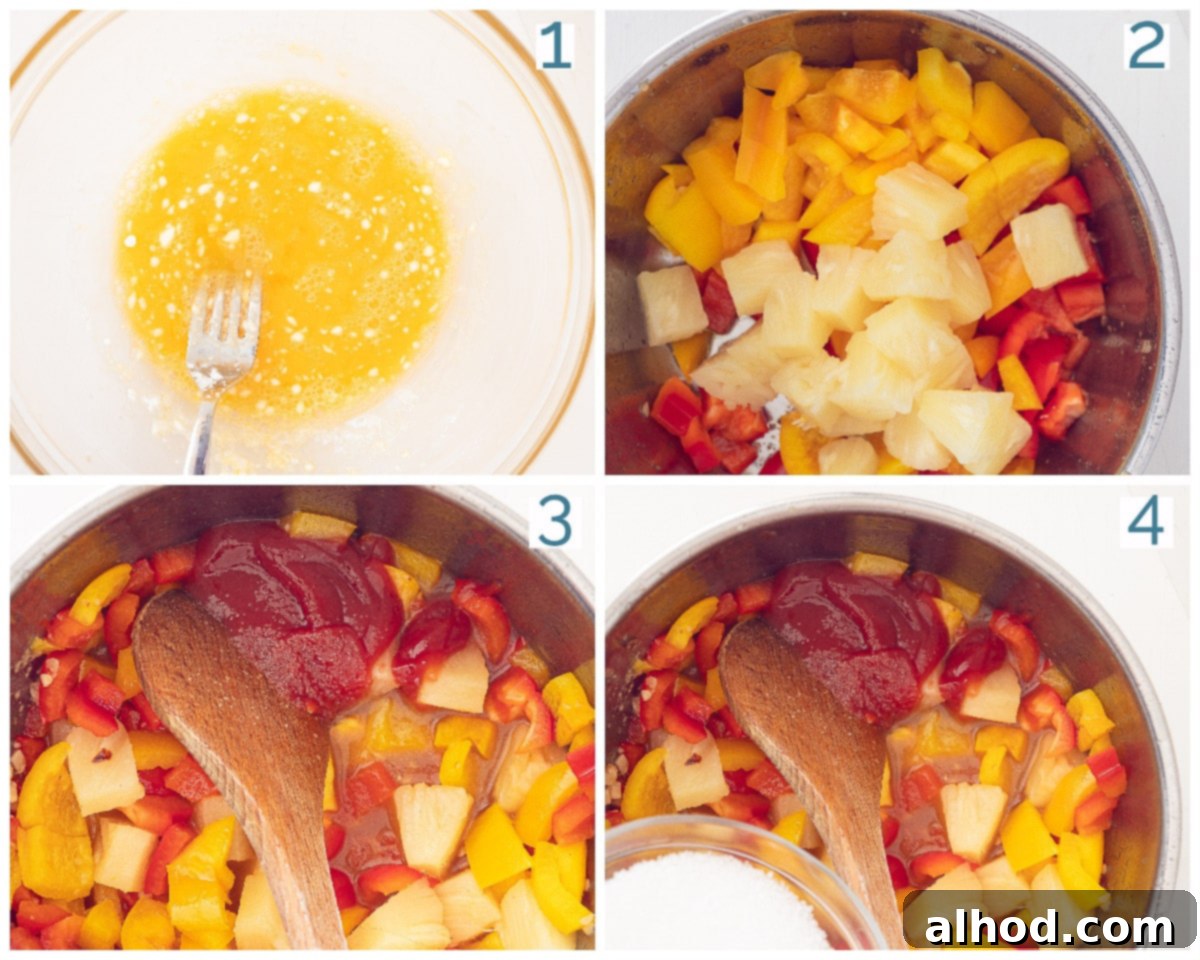 Sweet and Sour Pork 4 A 4-panel collage photo showing the preparation stages of Sweet and Sour Pork, from coating the meat to simmering the sauce.