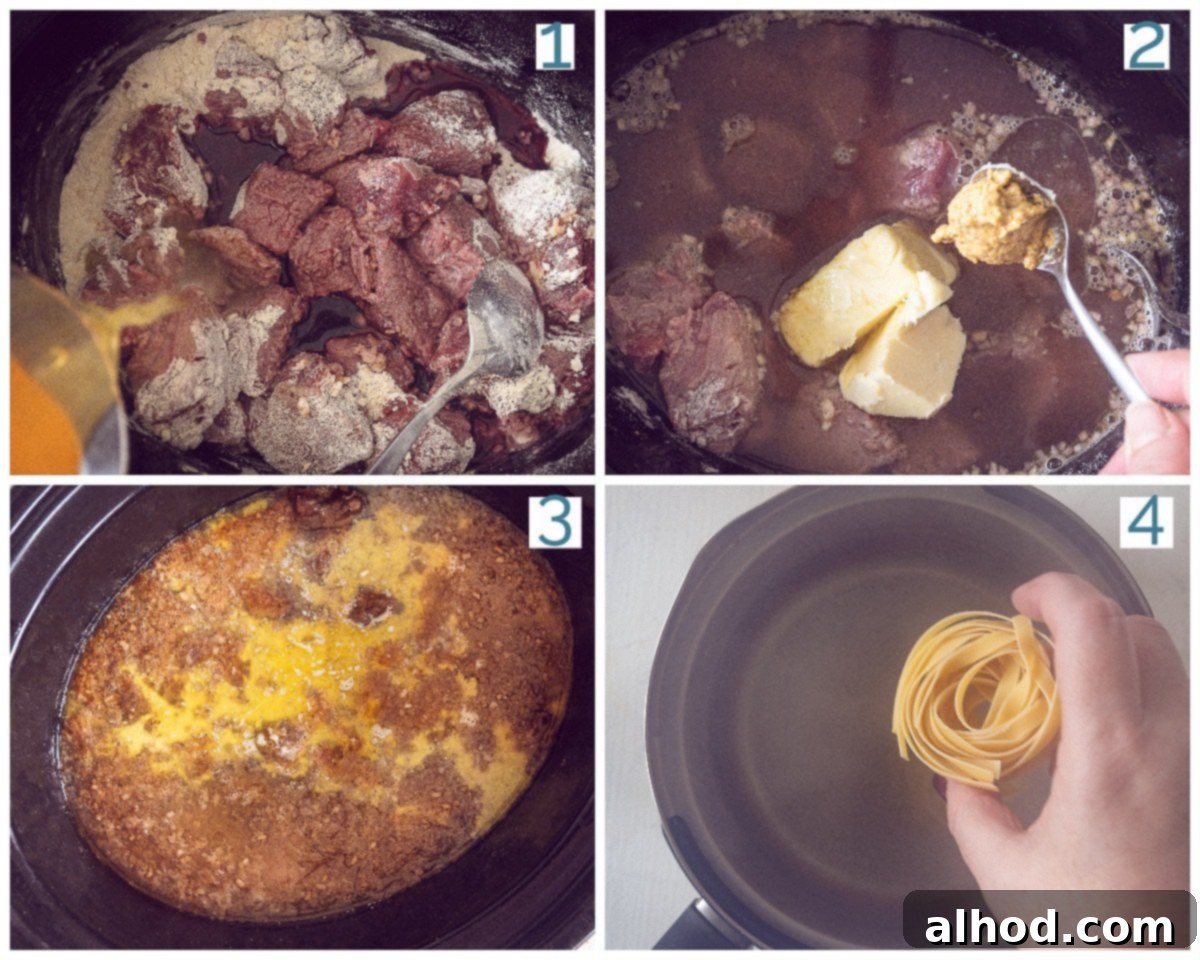 Slow Cooker Beef and Noodles 4 4 collage photo preparation creamy beef and noodles