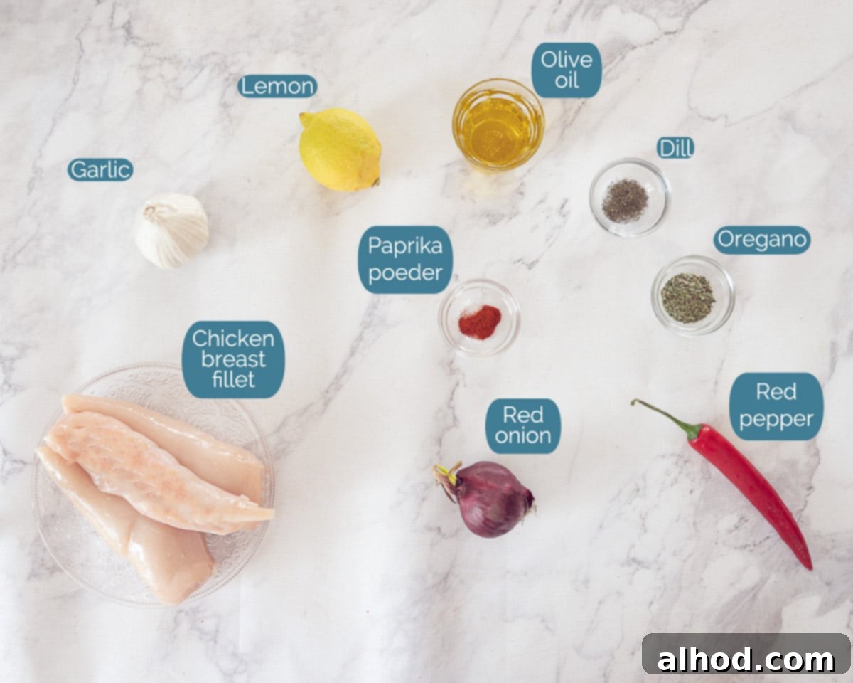 Flavorful Chicken Souvlaki Skewers 3 Ingredients Greek Chicken Kabobs, individually labelled on a marble white background