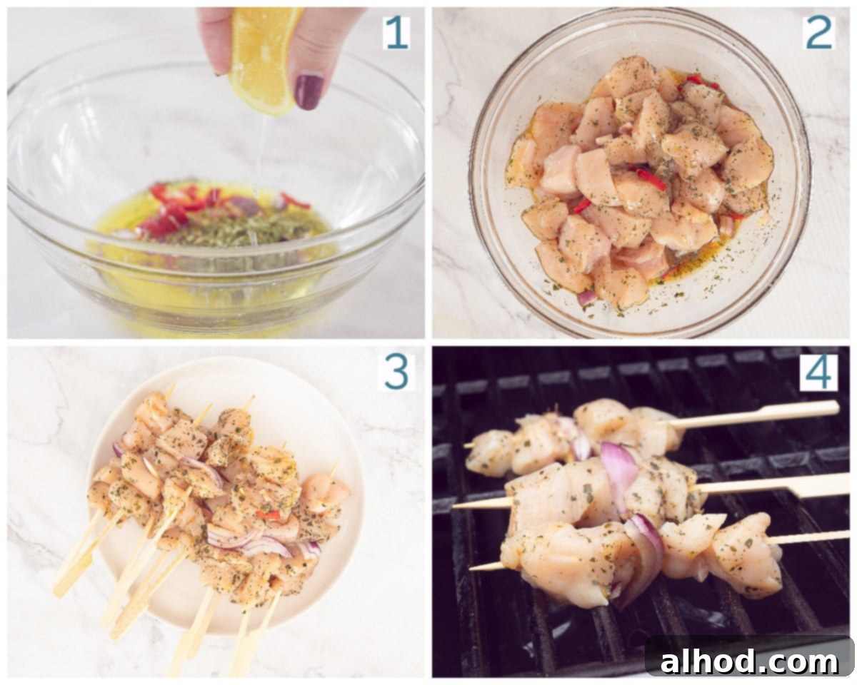 Flavorful Chicken Souvlaki Skewers 4 4 collage photo preparation Greek chicken skewers from the BBQ