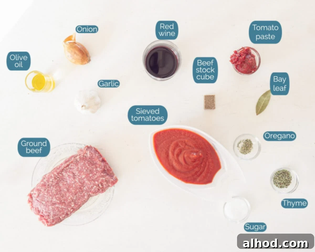 Ragù alla Bolognese 3 Ingredients Italian Ragù alla Bolognese (Bolognese sauce), individually labelled on a white background