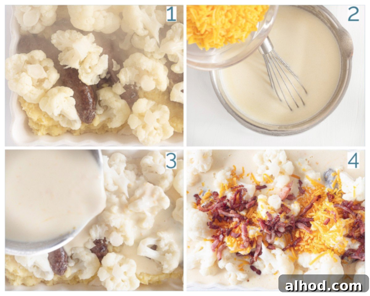 Savory Cheesy Sausage and Cauliflower Bake 4 Collage of four step-by-step preparation photos showing the assembly of the Cheesy Sausage and Cauliflower Casserole, from mashing potatoes to layering ingredients.