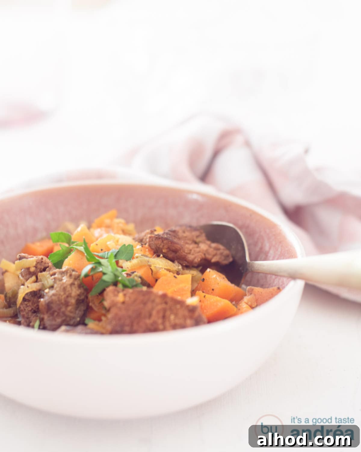 Slow-Simmered Beef and Root Vegetable Stew 3 A white background with a pink bowl filled with beef stew with vegetables.