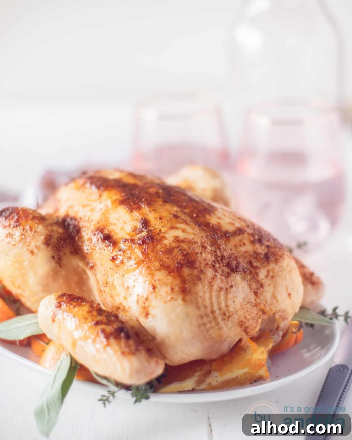 Sticky Orange Honey Roast Chicken 3 Roasted chicken from the oven on a bed of oranges and fresh herbs on a white plate. In the white background you see two pink glasses.