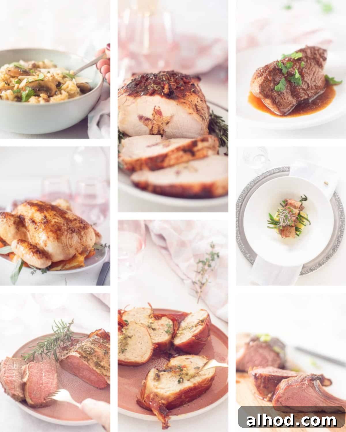 A top-down collage featuring 8 different festive main courses for Christmas dinner, showcasing a variety of meats, fish, and vegetarian dishes.