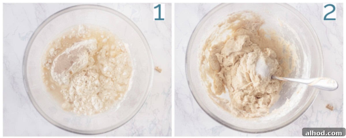 Effortless Homemade Pizza Crust 4 A two-photo collage illustrating the easy preparation of homemade quick pizza dough: first, ingredients being mixed in a bowl; second, the dough ready for rising in an oiled glass bowl covered with plastic wrap.