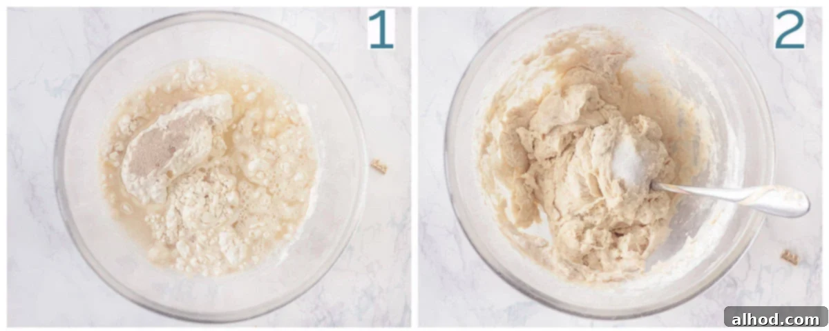 Effortless Homemade Pizza Dough 4 A two-photo collage showing the preparation steps: first, ingredients being mixed in a bowl, and second, the dough ball ready for rising in an oiled glass bowl.