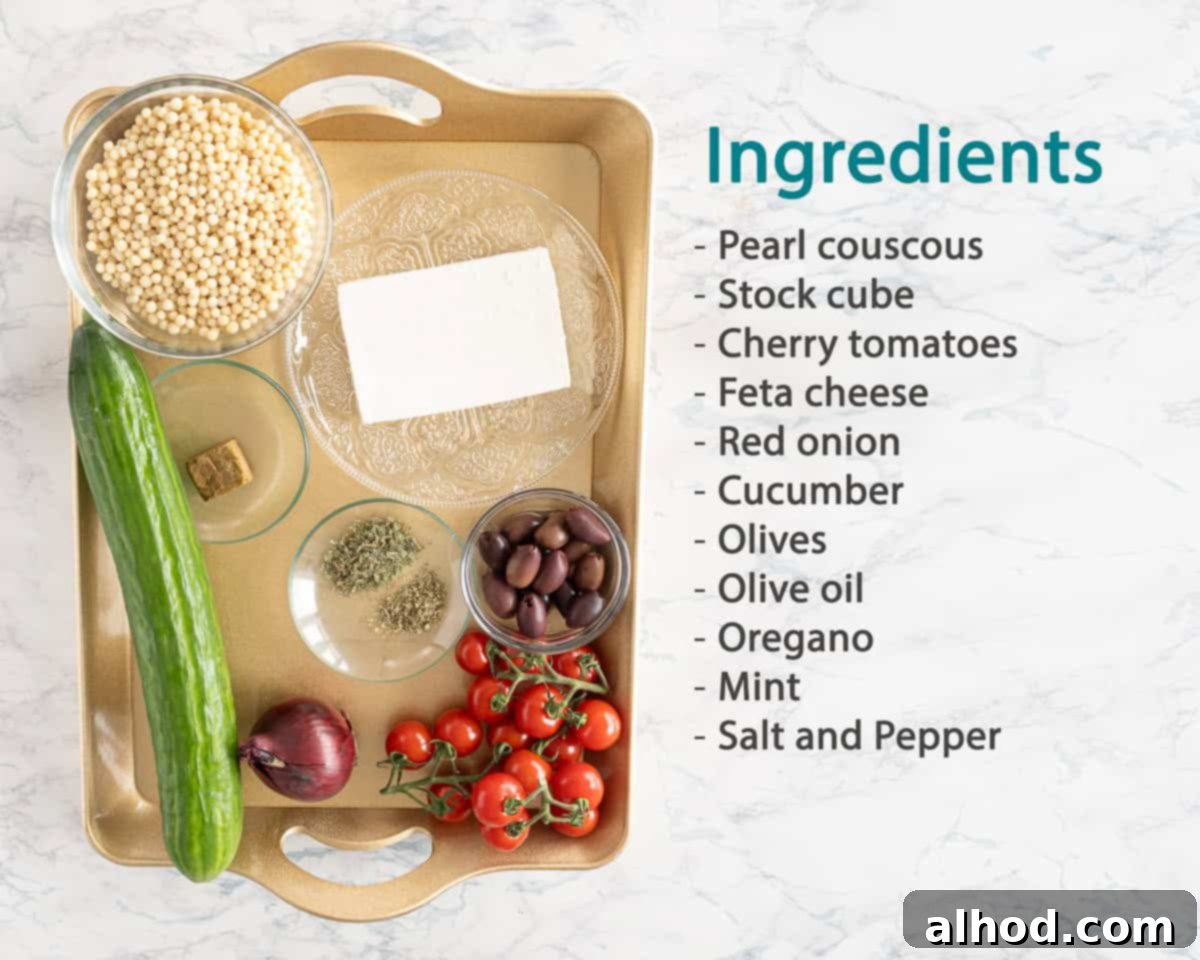 Refreshing Pearl Couscous Salad with Feta, Cucumber, and Bursting Cherry Tomatoes 3 Ingredients for Pearl Couscous Salad with Feta and Mint on a golden tray. On the right a description of the ingredients.