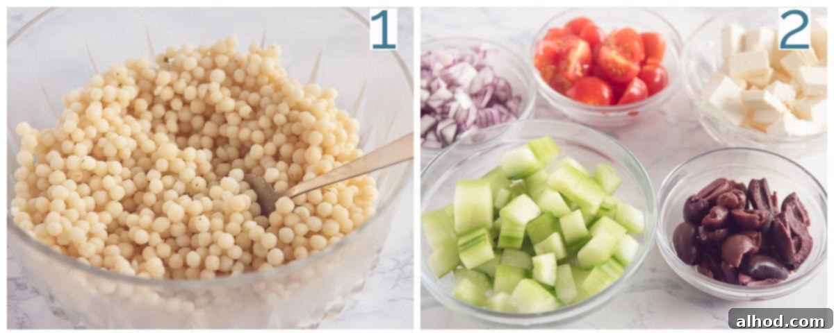 Refreshing Pearl Couscous Salad with Feta, Cucumber, and Bursting Cherry Tomatoes 4 2 photo collage preparation Fresh Pearl Couscous Salad with Feta and Mint for Every Day
