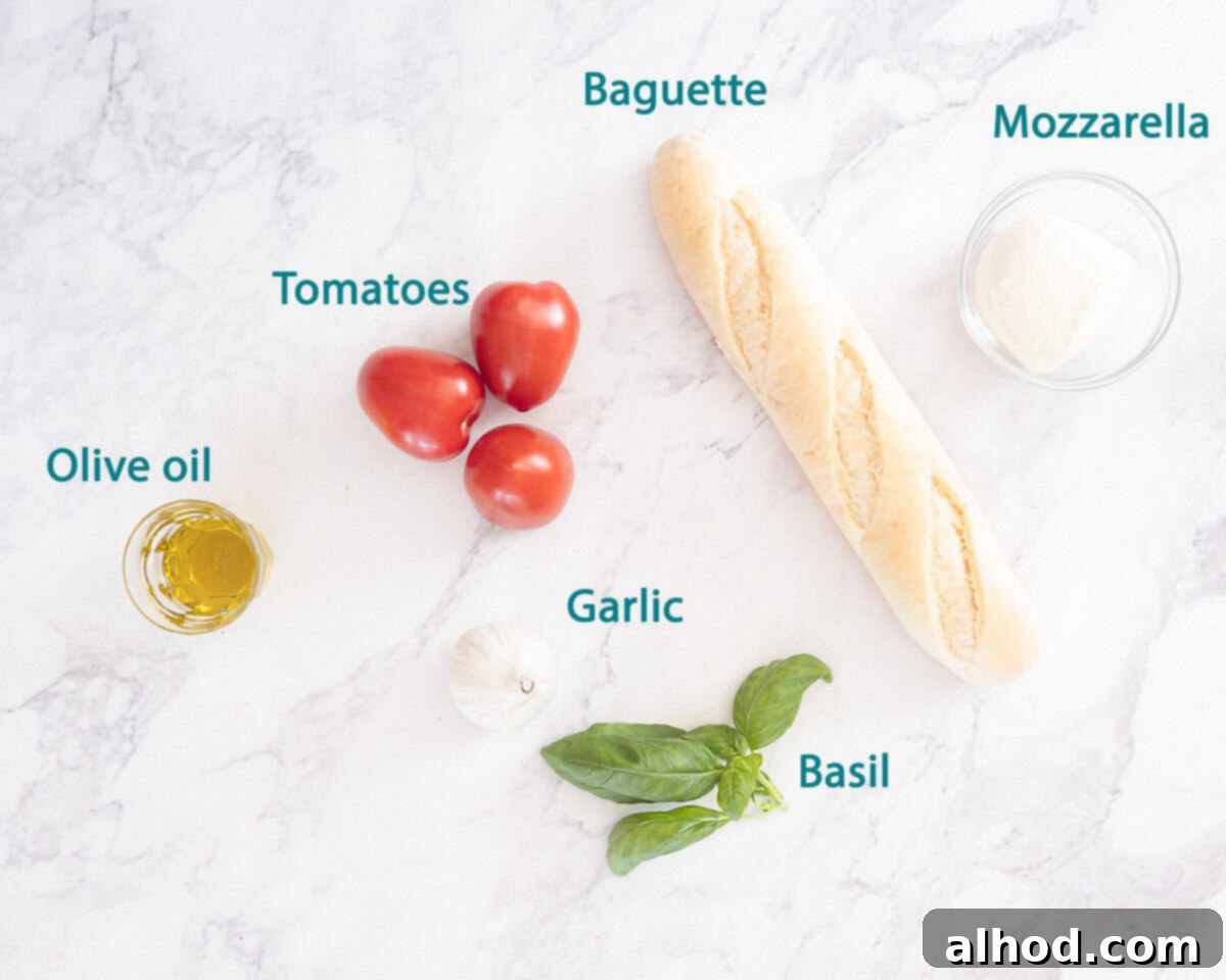 Ingredients Tomato and Mozzarella Bruschetta with Basil on a white marble background with text description
