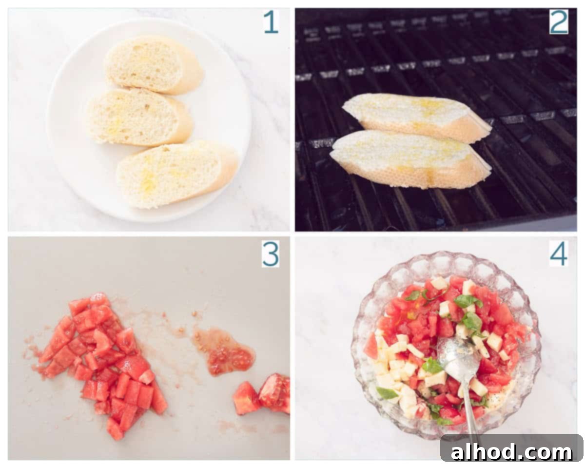 4 collage photo preparation Bruschetta with Tomato, Mozzarella and Fresh Basil