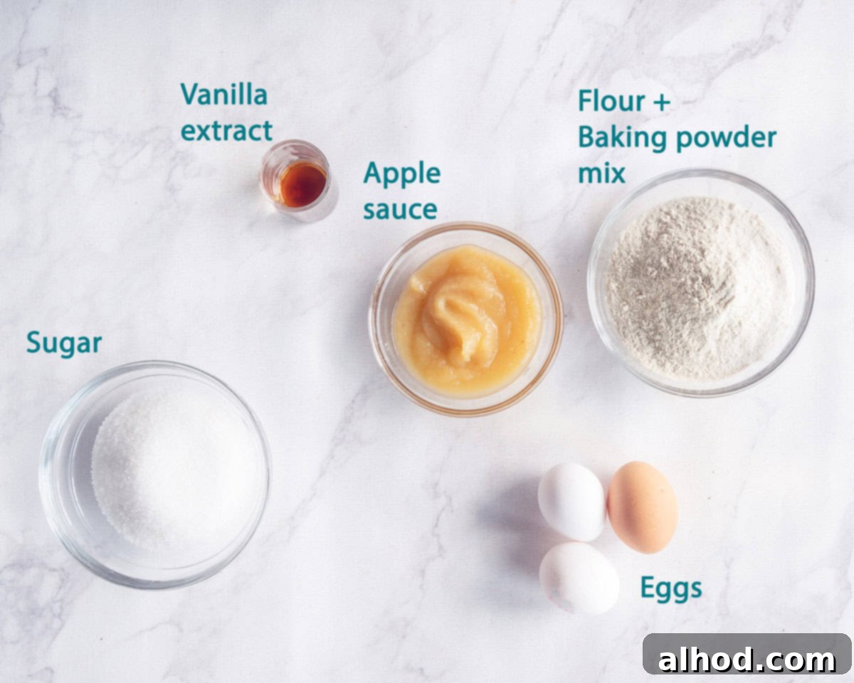 Effortlessly Light and Fluffy Vanilla Applesauce Cake 3 Ingredients Easy Applesauce Cake without Butter on a marble colored background. A text description of the ingredients.