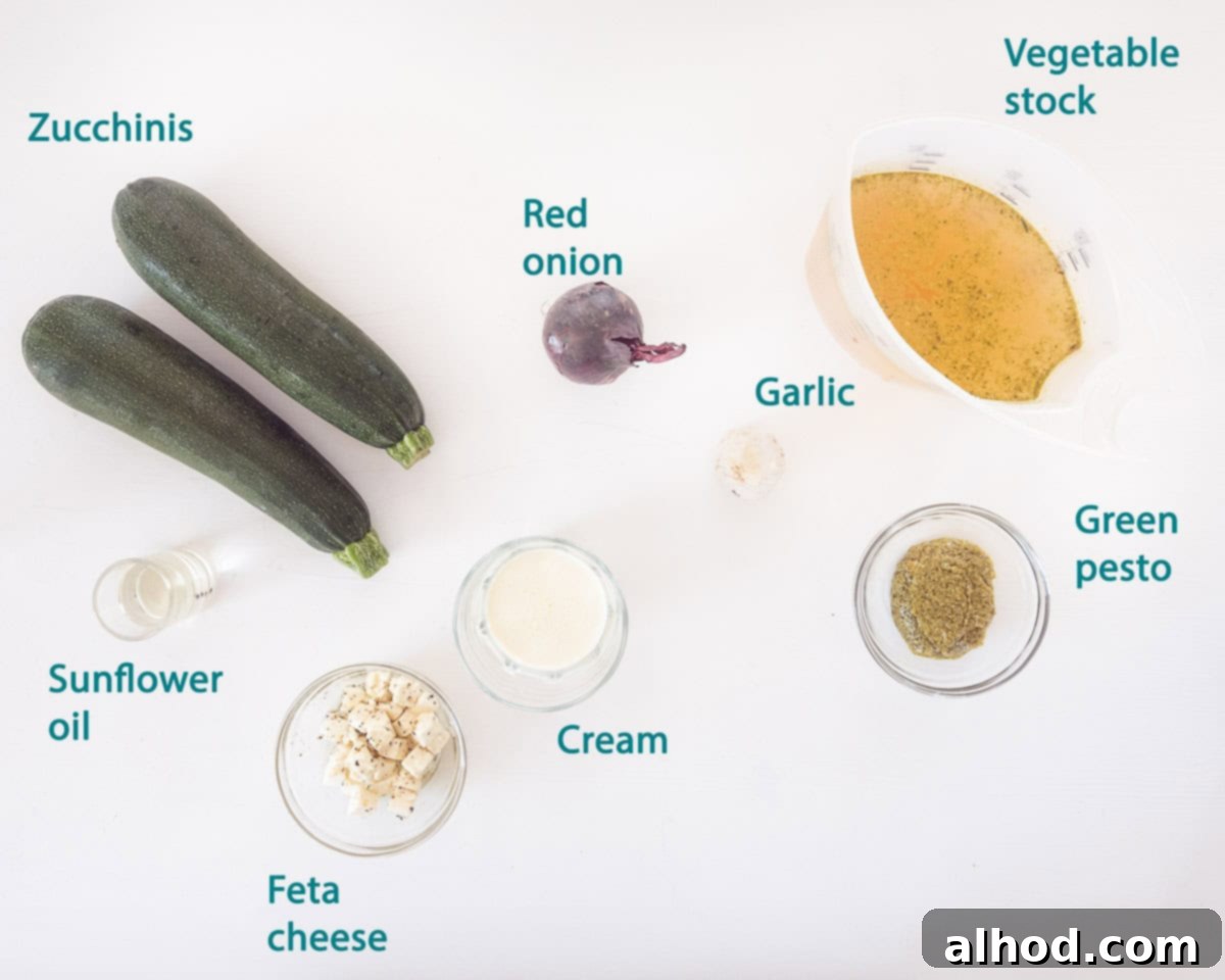 Velvety Zucchini Soup with Bright Pesto and Feta 3 A flat lay photograph of all the raw ingredients required for Quick Creamy Zucchini Soup with Pesto and Feta on a clean white background, accompanied by text descriptions.