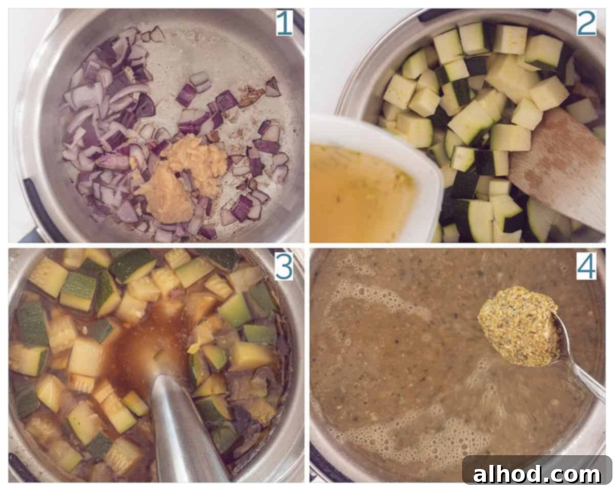 Velvety Zucchini Soup with Bright Pesto and Feta 4 A four-panel collage depicting the preparation stages of Quick Creamy Zucchini Soup with Pesto and Feta: frying onions, adding zucchini, blending, and serving.