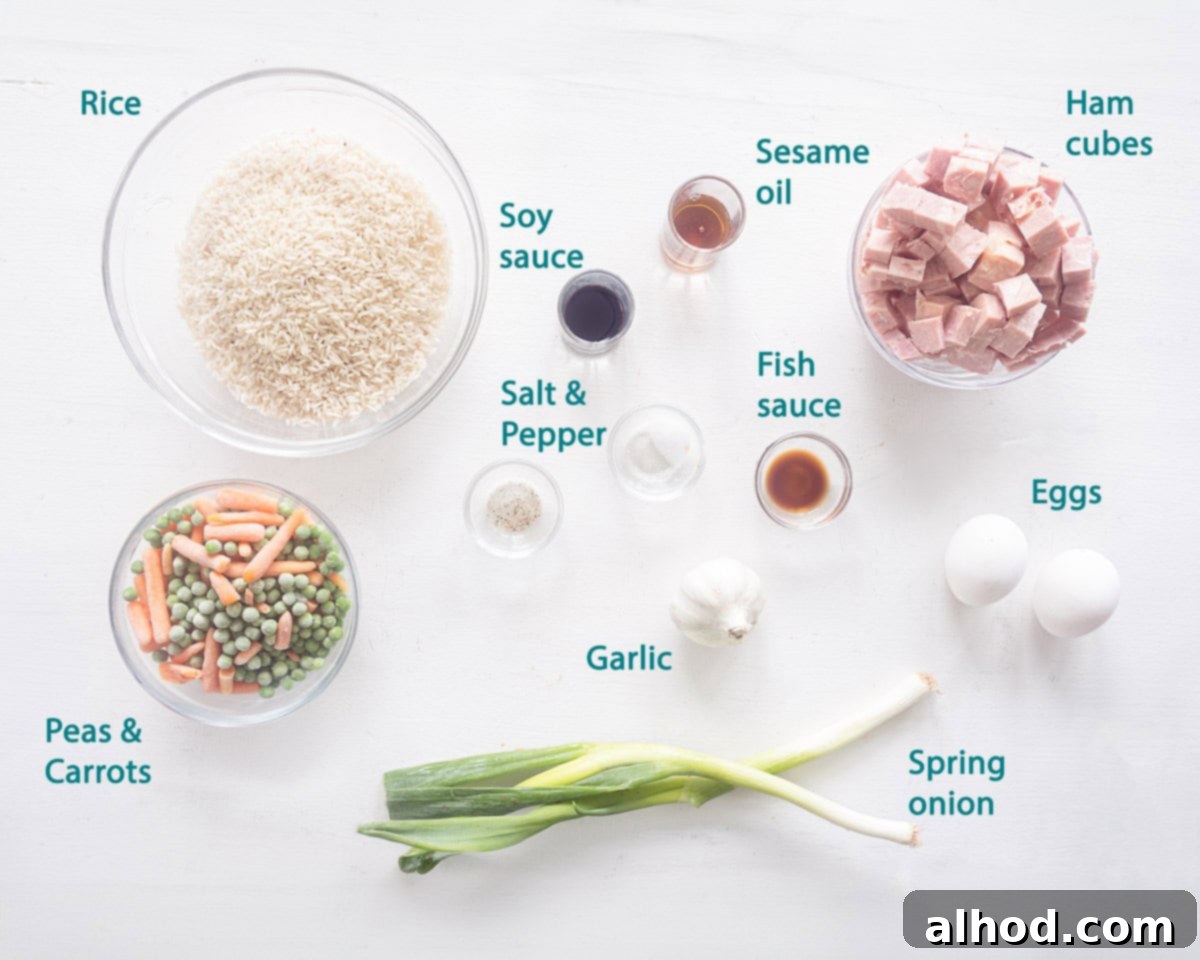 Speedy Ham, Egg, and Vegetable Fried Rice 3 Ingredients Quick fried rice with ham, egg and vegetables on a white background with a text description.